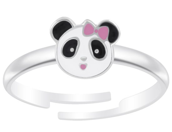 Joy|S - Zilveren panda ring met roze strikje - verstelbaar - voor kinderen