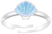Joy|S - Zilveren schelp ring - blauw glitter - verstelbaar - voor kinderen