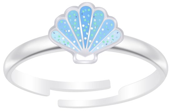 Joy|S - Zilveren schelp ring - blauw glitter - verstelbaar - voor kinderen