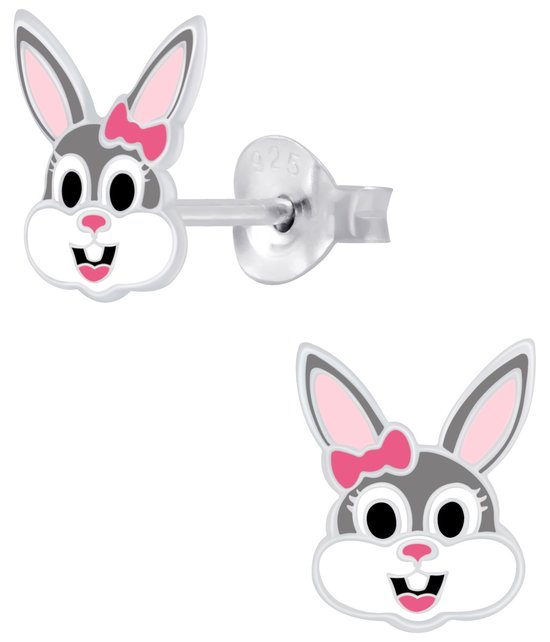 Joy|S - Zilveren konijn oorbellen - 7 x 8 mm grijs