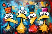 JJ-Art (Aluminium) 120x80 | Eenden kuikens, grappig, kleurrijk, abstract, kunst, woonkamer | dier, eend, kuiken, vogel, blauw geel, oranje, rood, modern | foto-schilderij op dibond, metaal wanddecoratie