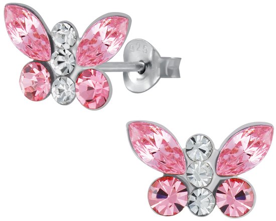 Joy|S - Zilveren vlinder oorbellen - 12 x 8 mm - roze en wit kristal