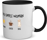 Akyol - i'm a simple woman sunshine, coffee, dog koffiemok - theemok - zwart - Quotes - vrouwen die simpel zijn - quotes - verjaardagscadeau - verjaardag - cadeau - kado - geschenk - gift - 350 ML inhoud