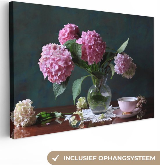 Canvas schilderij 140x90 cm - Wanddecoratie Vaas met Hortensia's - Muurdecoratie woonkamer - Slaapkamer decoratie - Kamer accessoires - Schilderijen