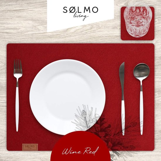 12-delige premium placemats van vilt, placemats, 42 x 32 cm, afwasbaar, vilten onderzetter, onderzetter, placemat, onderzetter, onderzetter, echt hout, geschikt voor tafel, rood, wijnrood