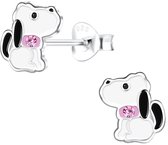 Joy|S - Zilveren hond oorbellen - 7 x 8 mm - wit met roze en roze kristal - kinderoorbellen