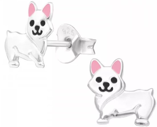 Joy|S - Zilveren hond oorbellen - 7 x 8 mm - zilver met roze - kinderoorbellen