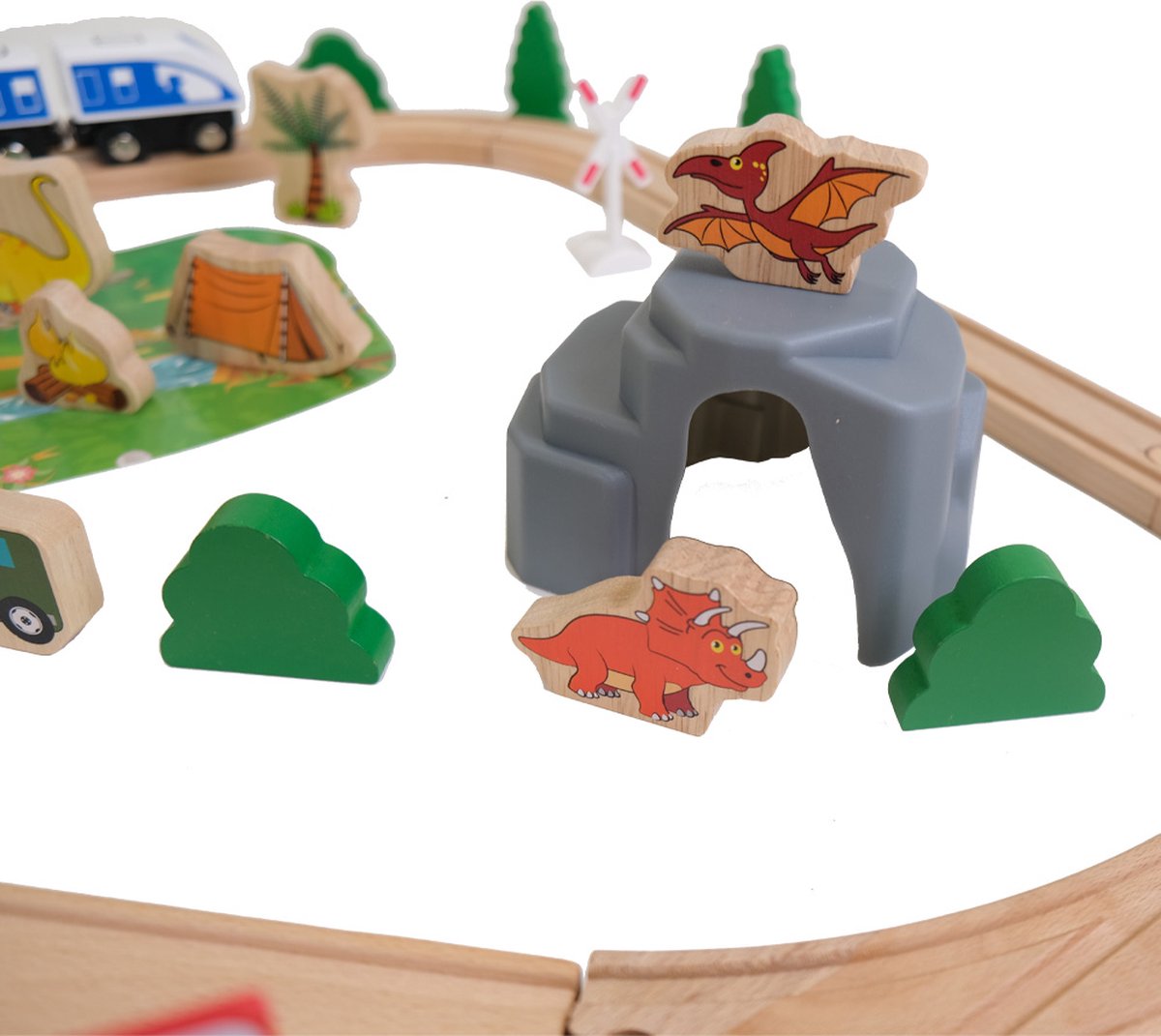 Bandits & Angels Houten Treinset Dinosaurus 90 delig vanaf 3 jaar voor Jongens en Meisjes - Trein Set van Hout voor Kinderen - Treinbaan met Accessoires - 90 delen — afbeelding 6