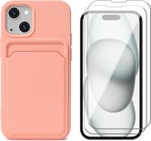Hoesje Pasjeshouder geschikt voor iPhone 15 Plus - 2x Screenprotector GlassGuard - Siliconen Case Back Cover Roze & Screen Protector