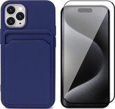Hoesje Pasjeshouder geschikt voor iPhone 15 Pro Max - Screenprotector FullGuard - Siliconen Case Back Cover Blauw & Screen Protector