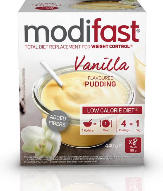 Emballage de pouding vanille Modifast avec un bol en verre de pouding à la vanille et une cuillère sur le devant. Faible en calories, fibres ajoutées. 440g, 8 portions.