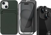 Hoesje Pasjeshouder geschikt voor iPhone 15 - Privacy Screenprotector FullGuard + Camera Lens Screen Protector Zwart - Siliconen Case Back Cover Groen