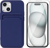 Étui iPhone 15 Plus avec porte-cartes - Protecteur d'écran GlassGuard - Coque arrière en Siliconen Blauw et protecteur d'écran