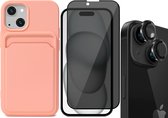 Hoesje Pasjeshouder geschikt voor iPhone 15 - Privacy Screenprotector FullGuard + Camera Lens Screen Protector Zwart - Siliconen Case Back Cover Roze