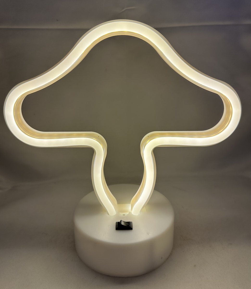 LED mushroom lamp met neonlicht - witte neon verlichting - 20 x 20 x 10 cm - Werkt op batterijen en USB - Tafellamp - Nachtlamp - Decoratieve verlichting - Woonaccessoires