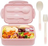Roze Bento Box van 1400 ml met 3 compartimenten en bestek (vork en lepel), perfect voor kinderen en volwassenen. Geschikt voor salades en grote porties. Ideaal voor picknicks in de buitenlucht.