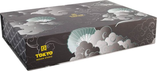 TOKYO Design Studio Flora Japonica sushi set blauw-wit, 6 stuks, 2x sushi borden, 2x sauskommen, 2x eetstokjes, Aziatisch porselein, Japans design, incl. geschenkverpakking