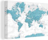Canvas Wereldkaart - 30x20 - Wanddecoratie Wereldkaart - Blauw - Topografie