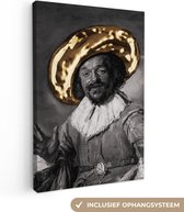 Canvas schilderij - Zwart - De vrolijke drinker - Gouden lijn - Kamerdecoratie - 90x140 cm - Frans hals - Slaapkamer