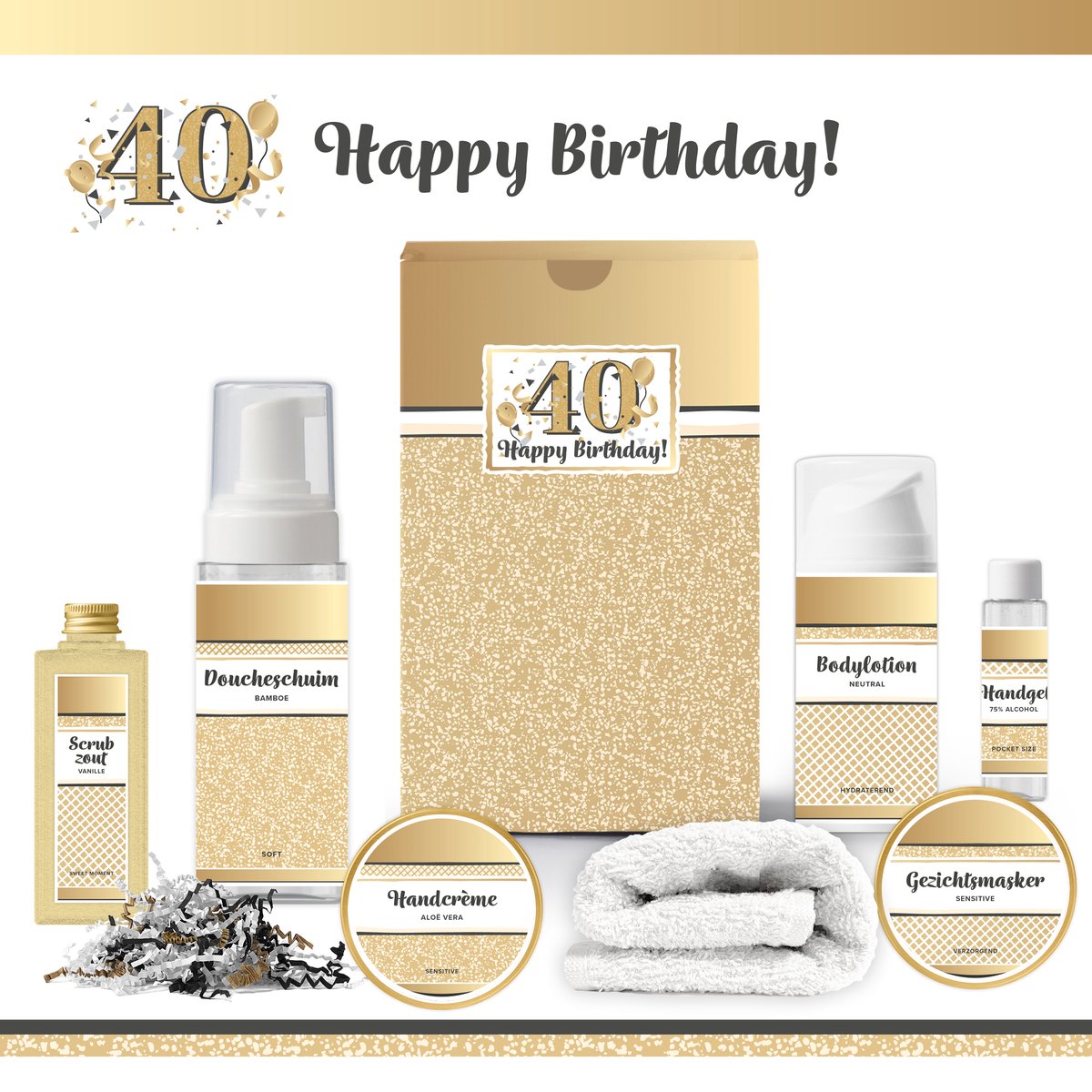 Goedkoopste Geschenkset “40 Jaar Happy Birthday!” - 7 producten - 650 gram | Cadeau Vrouw - Luxe wellness cadeaubox - Giftset Voor Haar - Gefeliciteerd - Set Verjaardag - Geschenk jarige - Cadeaupakket moeder - Vriendin - Zus - Verjaardagscadeau - Goud
