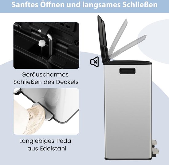 COSTWAY Mülleimer 3 Fächer, 32L Abfalleimer mit neigbarem Behälter, Schublade & Aufkleber, Tretmülleimer auf Rädern, 3 in 1 Mülltrennsystem mit Griff & Haken für Küche, Wohnzimmer (Weiß