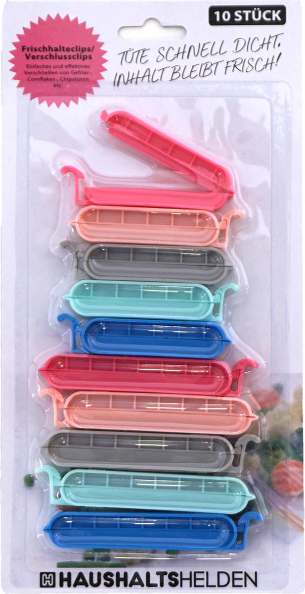 Haushaltshelden Vershoudclips - 10x - kleurenmix - kunststof - 6 en 8 cm - voedsel vershoudklemmen