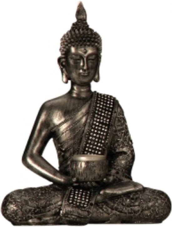 Boeddha decoratie beeldje met kaarshouder - kunststeen - zilver - 26 x 20 cm