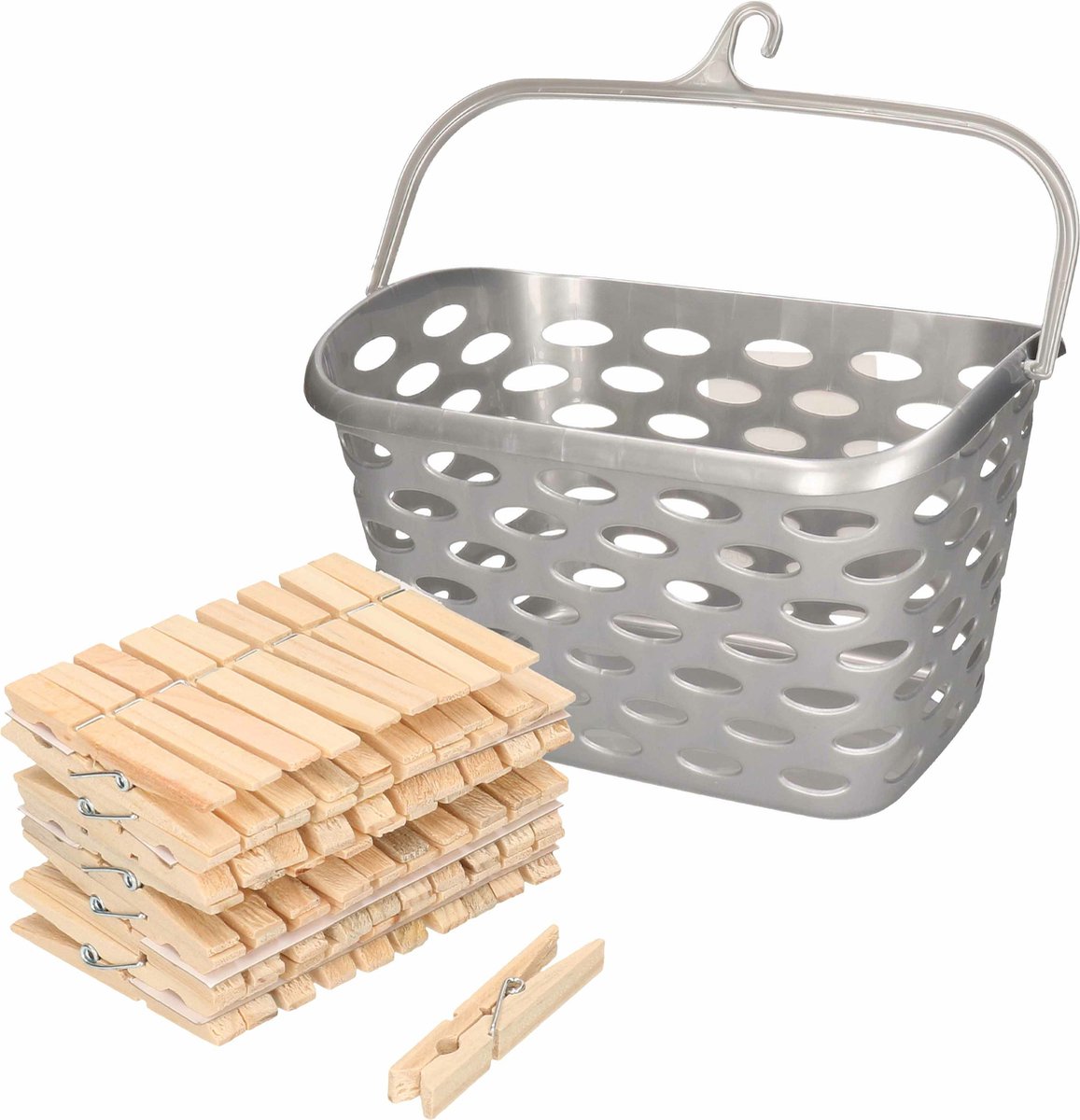 Goedkoopste Wasknijpers mandje met ophanghaak - zilver - gevuld met 100x houten wasknijpers van 7 cm - was ophangen