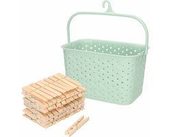 Wasknijpers mandje met ophanghaak - groen - gevuld met 100x houten wasknijpers van 7 cm - was ophangen