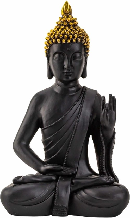 Boeddha beeldje zittend - binnen/buiten - kunststeen - zwart/goud - 31 x 18 cm - Relaxed