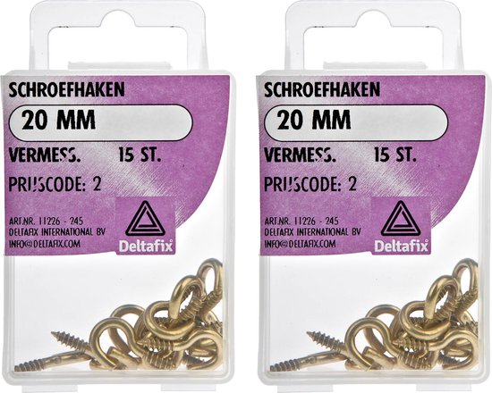 Twee verpakkingen met elk 15 vermessingde schroefhaken van 20 mm.