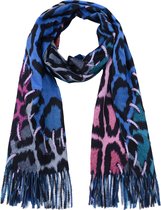 Nouka Blauw & Roze Multicolor Dames Sjaal- Warme & Lichte Sjaal – met Panterprint en Touwprint – Herfst / Winter – met Franjes - 70 x 180 cm