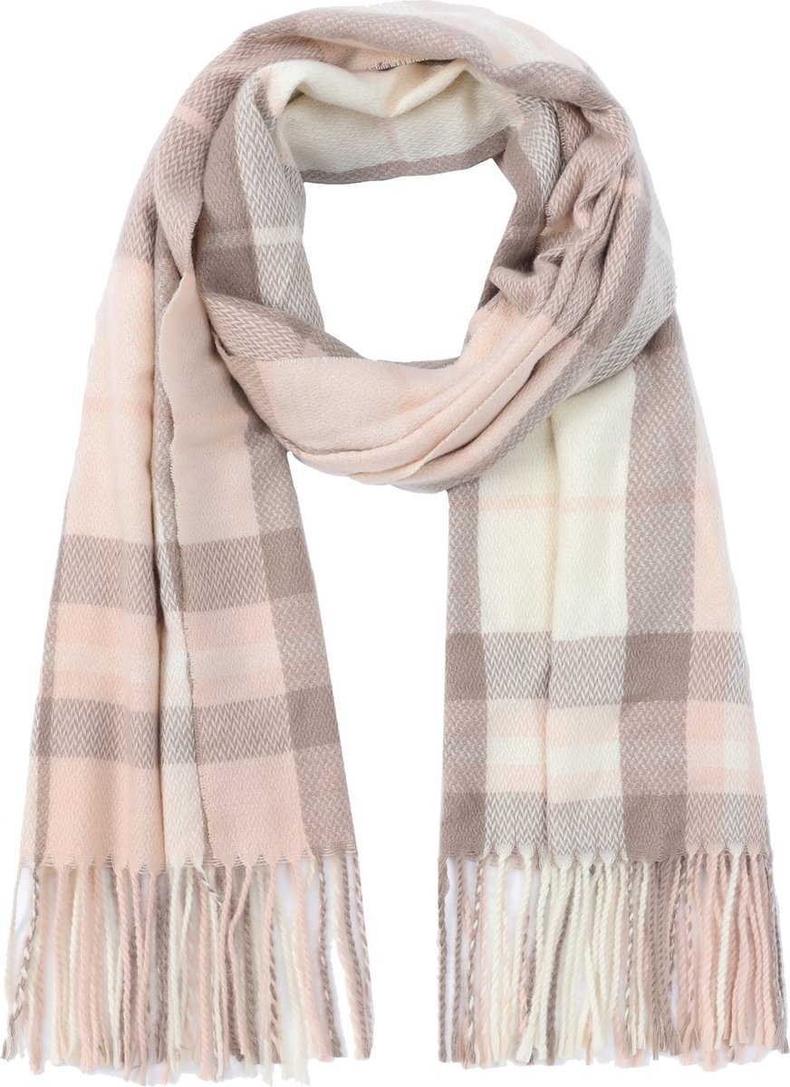 Nouka Licht Roze Multicolor Dames Sjaal - Warme & Lichte Sjaal – Herfst / Winter – Geruit Patroon - met Franjes - 70 x 200 cm