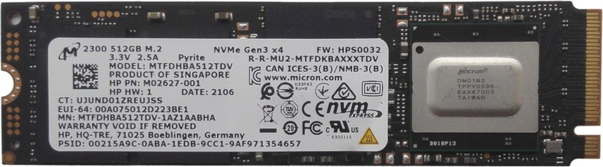 Micron 512GB M.2 PCIe NVMe GEN3 X4 SSD (Micron 2300) MMN: MTFDHBA512TDV ( Internal )
