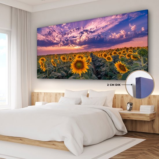 Toile - Peinture fleurs - Tournesol - Soleil - Nuages ​​- Soir - Décoration murale - Photo sur toile - Canvasdoek - 160x80 cm - Salon