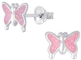 Joy|S - Zilveren vlinder oorbellen - glitter roze