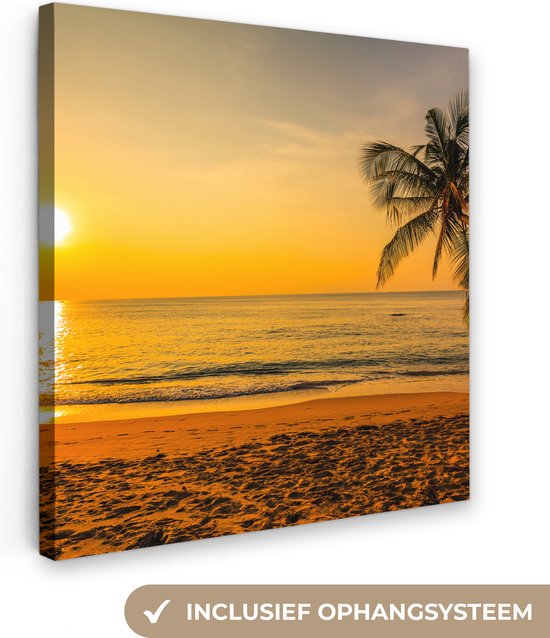 Canvas - Schilderij - Palmboom - Zee - Zon - Strand - Canvas strand - Foto op canvas - 20x20 cm - Muurdecoratie - Slaapkamer