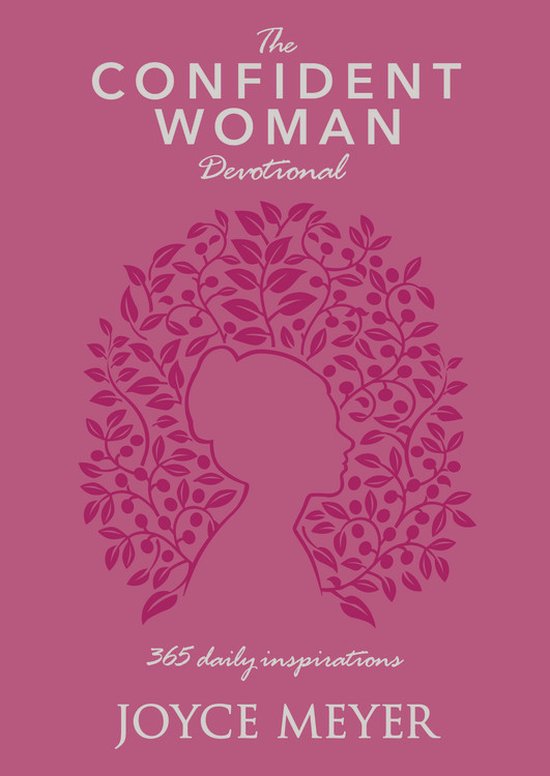 Couverture rose de 'The Confident Woman Devotional' avec la silhouette d'une femme au centre, entourée de branches et de feuilles.