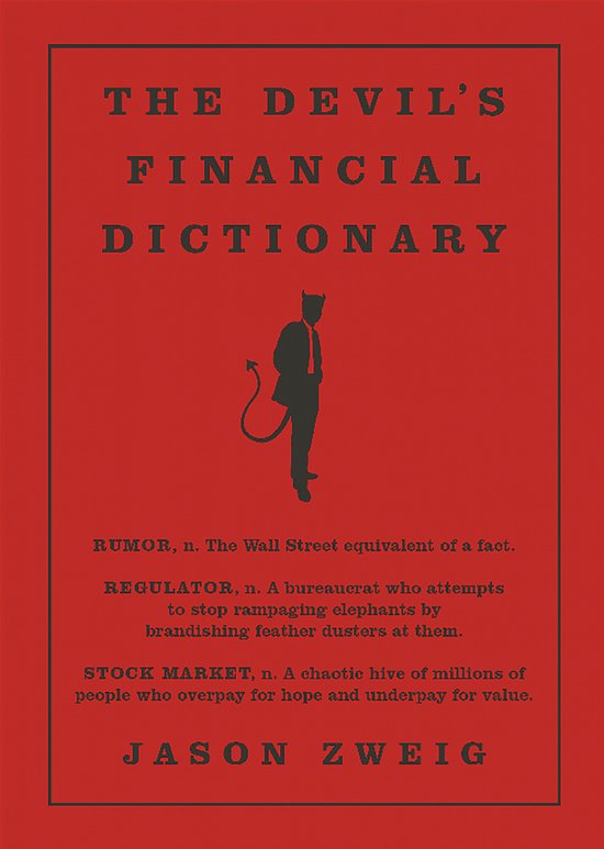 Boek 'The Devil's Financial Dictionary' met rode kaft, een silhouet van een man met een duivelshoorn en rode stropdas.