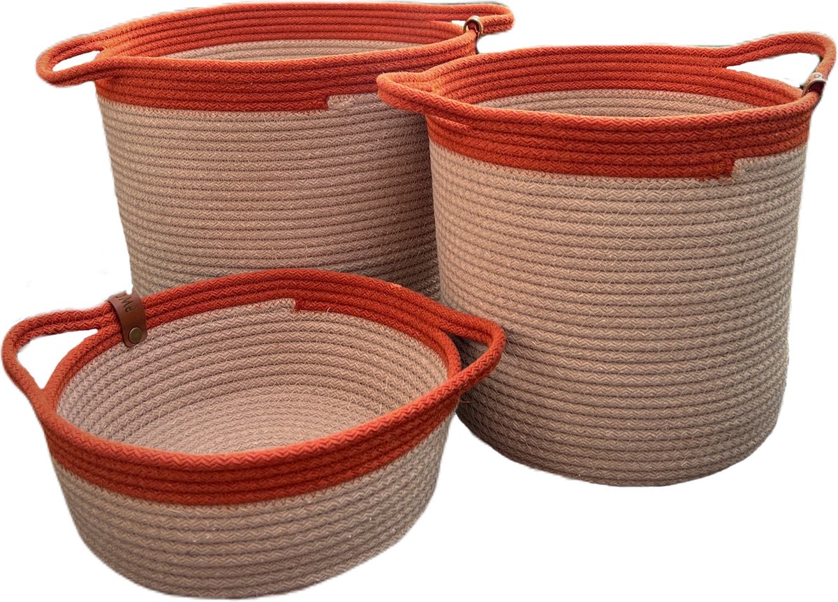 OZ Home - 3-delige Mandenset - Beige/Oranje - Duurzaam & Functioneel - Voor Opslag en Decoratie