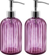 Pakket van 2 glazen zeepdispensers met pomp, 400 ml vloeibare zeepdispenser voor afwasmiddel, shampoo en lotion, navulbare zeepdispenser voor keuken, badkamer, wasruimte (paars)