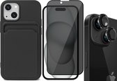 Hoesje Pasjeshouder geschikt voor iPhone 15 - Privacy Screenprotector FullGuard + Camera Lens Screen Protector Zwart - Siliconen Case Back Cover Zwart
