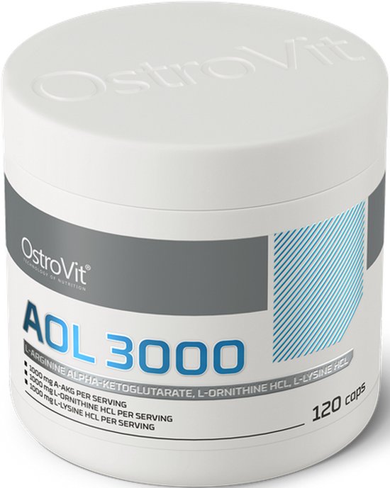 Witte pot met deksel, grijs en blauw label met OstroVit AOL 3000 en 120 capsules.