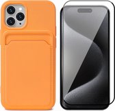 Hoesje Pasjeshouder geschikt voor iPhone 15 Pro Max - Screenprotector FullGuard - Siliconen Case Back Cover Oranje & Screen Protector