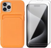 Hoesje Pasjeshouder geschikt voor iPhone 15 Pro - 2x Screenprotector GlassGuard - Siliconen Case Back Cover Oranje & Screen Protector