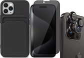 Hoesje Pasjeshouder geschikt voor iPhone 15 Pro Max - Privacy Screenprotector FullGuard + Camera Lens Screen Protector Zwart - Siliconen Case Back Cover Zwart