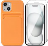 Hoesje Pasjeshouder geschikt voor iPhone 15 - 2x Screenprotector GlassGuard - Siliconen Case Back Cover Oranje & Screen Protector