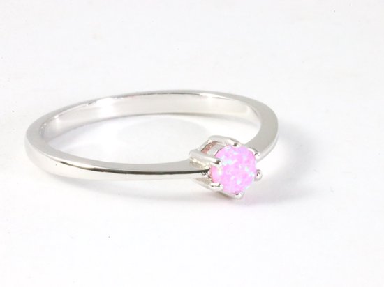 Fijne hoogglans zilveren ring met roze opaal - maat 17.5