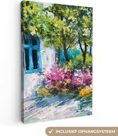 Canvas - Schilderij - Olieverf - Huis - Bloemen - Bomen - Muurdecoratie - 20x30 cm - Wanddecoratie