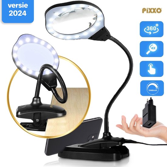 PiXXO® Loeplamp met LED Verlichting - Vergrootglas 2x en 4x - 12 Dioptrie - Stabiele Voet & Tafelklem - Dimbaar - Flexibele Zwanenhals - Bureaulamp - Tafellamp - Werklamp - Diamond Painting - Borduren - Solderen - incl. USB-stekker